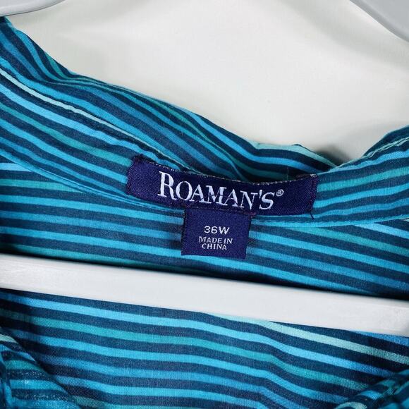 Roaman's Plus Size 36 Striped Long Sleeve Button Front Shirt Top Blue Cotton - Picture 3 of 4
